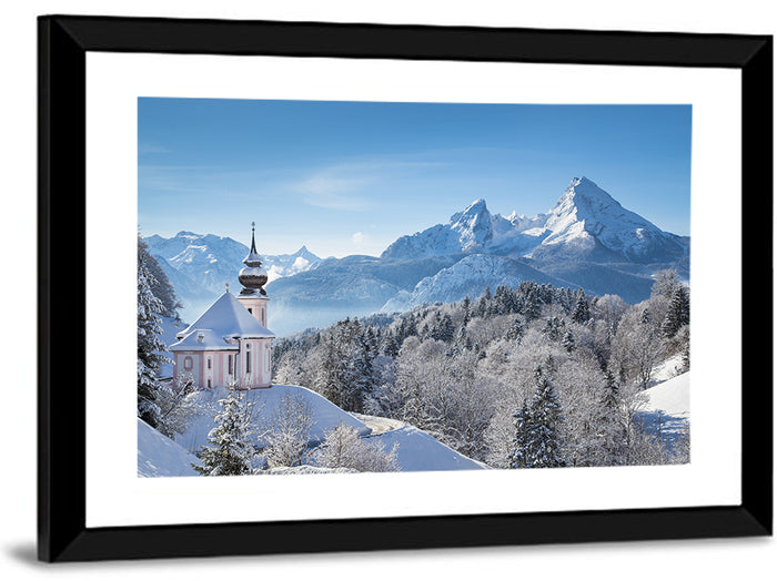 Maria Gern Church and Watzmann in Winter Wall Art as a framed print