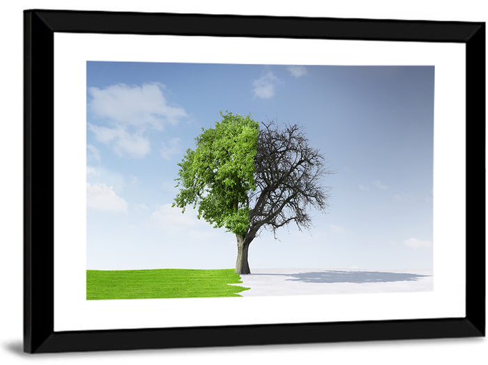 Split Seasons Tree Wall Art as a framed print