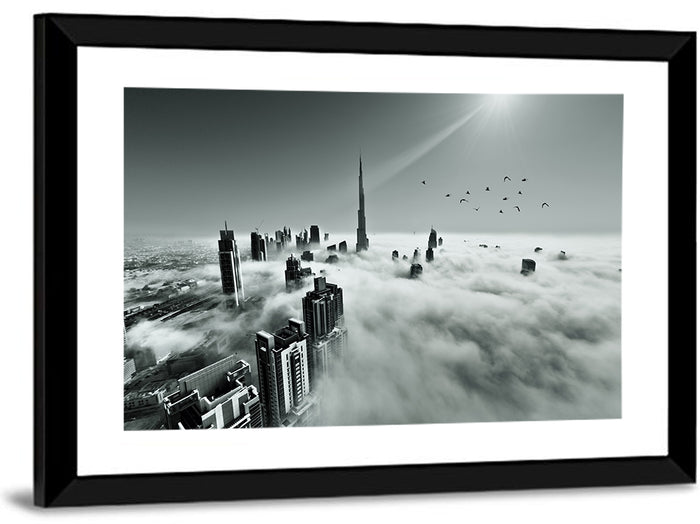 Burj Khalifa Rising Through Morning Fog Wall Art as a framed print