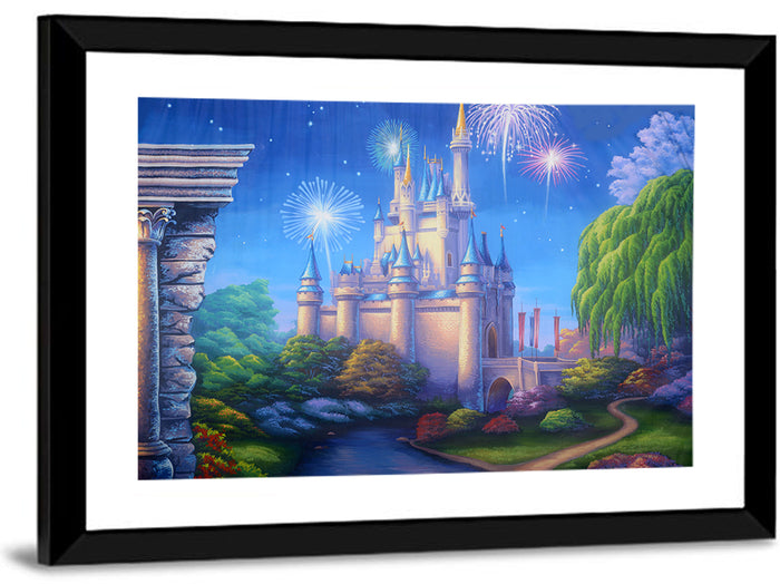 Cinderella Castle Fireworks Illustration Wall Art as a framed print