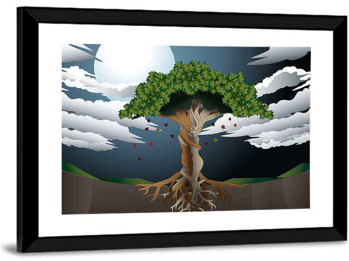 Moonlit Lovers Tree Wall Art as a framed print