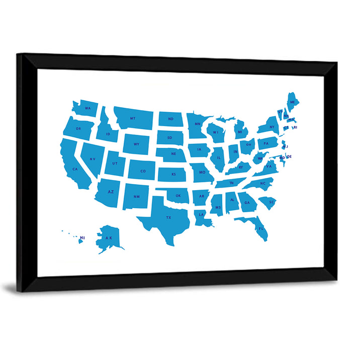 Blue Minimalist USA Map Wall Art as a framed print