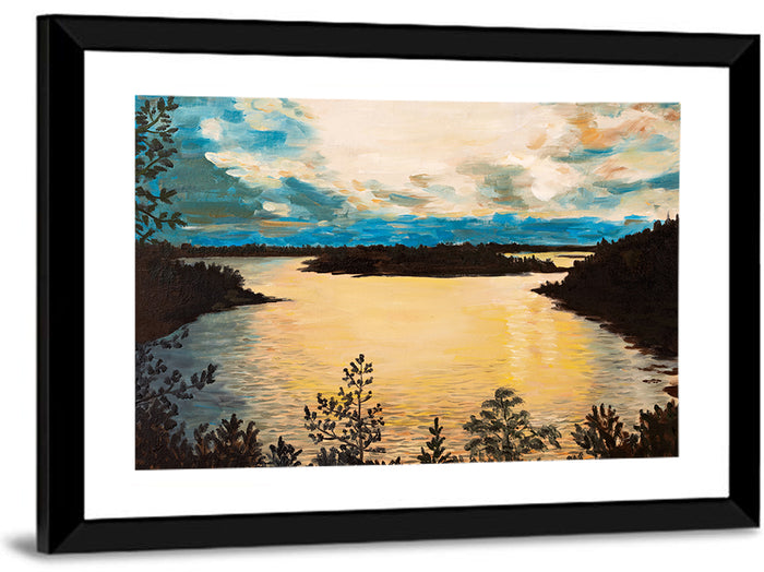 Golden Lake Sunset Painting Wall Art as a framed print