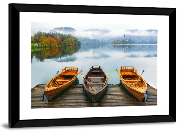 Moored Boats on Misty Lake Bled Wall Art as a framed print