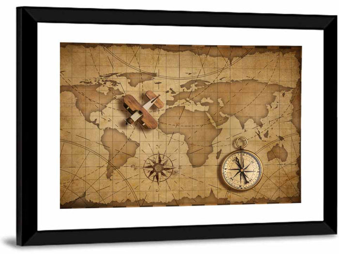 Retro Map with Biplane and Compass Wall Art as a framed print