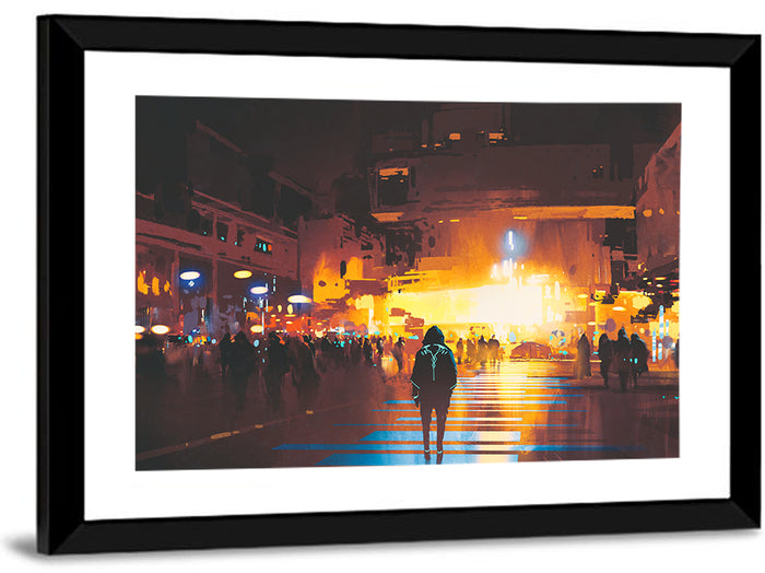 Futuristic Neon Cityscape Wall Art as a framed print