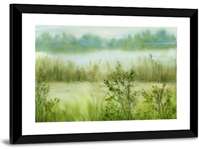 Misty River Meadow Watercolor Wall Art as a framed print