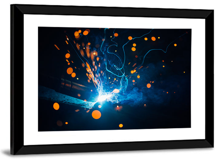 Bright Blue Welding Sparks Wall Art as a framed print