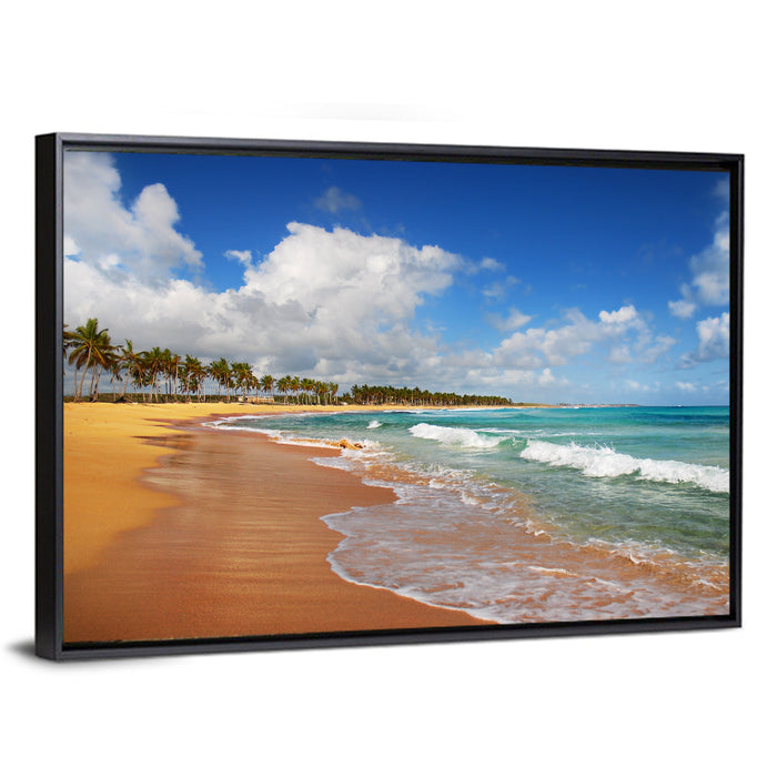 Palm Lined Tropical Coast Wall Art as a framed canvas