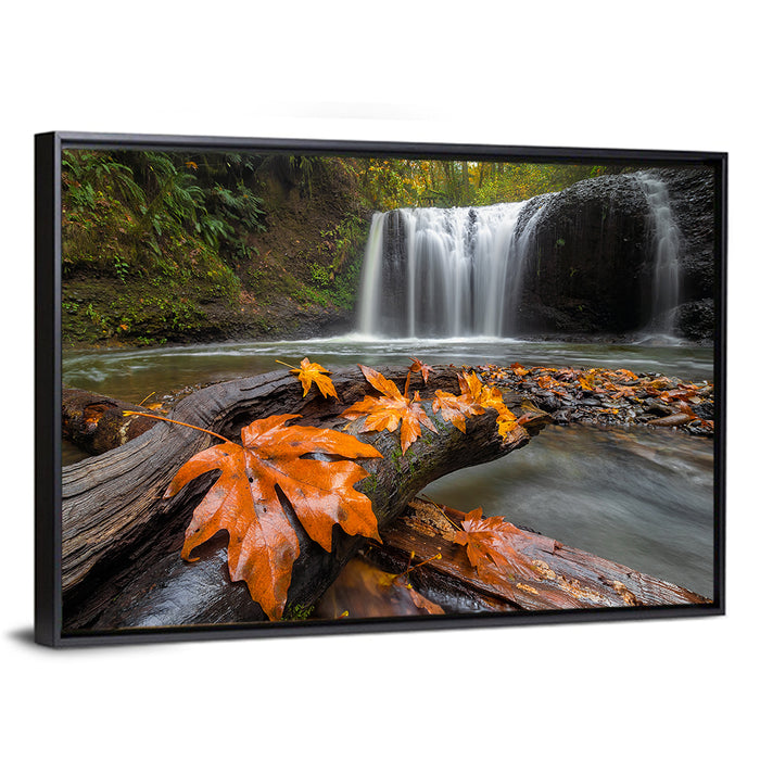 Clackamas Waterfall with Maple Leaf Wall Art as a framed canvas