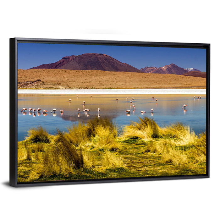 Flamingos on Salt Lake Wall Art as a framed canvas