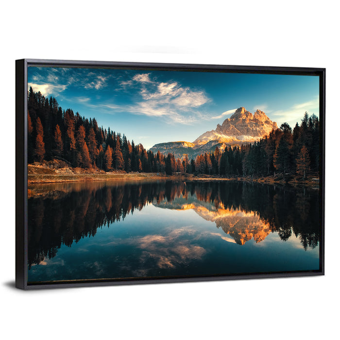 Lago Antorno Golden Hour Reflection Wall Art as a framed canvas