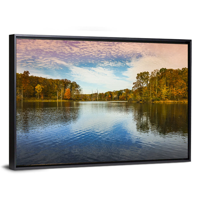 Seneca Lake Autumn Reflection Wall Art as a framed canvas