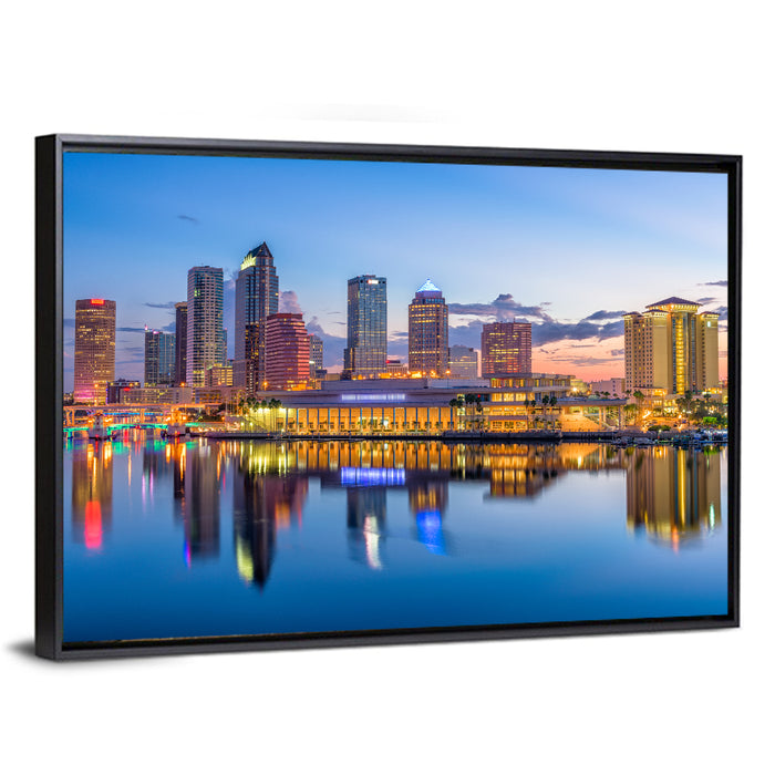 Tampa Twilight Skyline Wall Art as a framed canvas