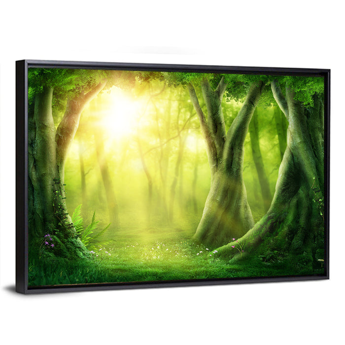 Enchanted Forest at Sunrise Wall Art as a framed canvas