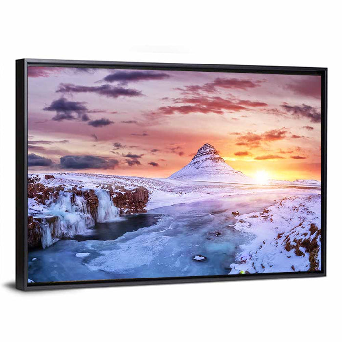 Kirkjufell Mountain Sunset Wall Art as a framed canvas