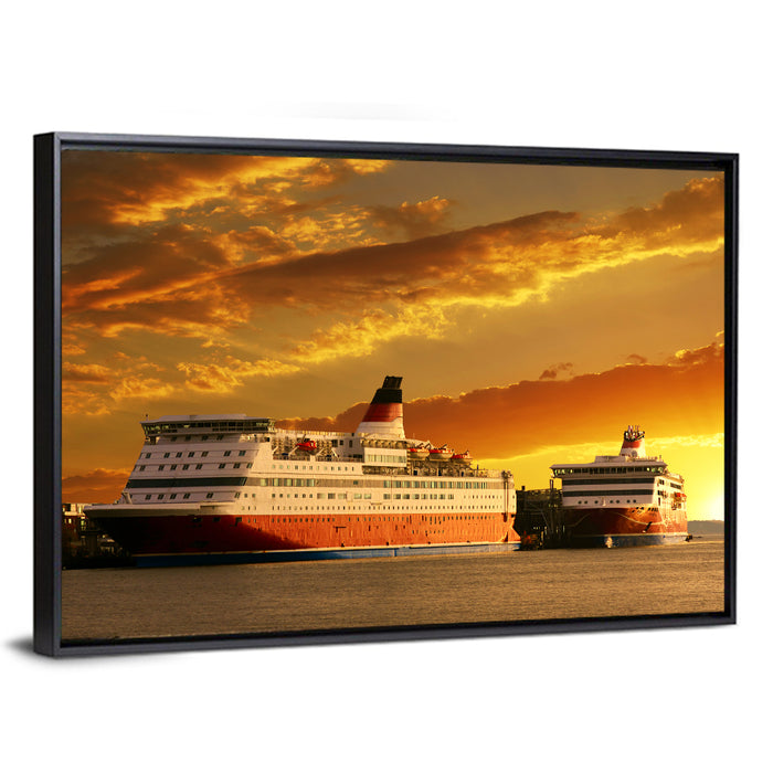 Red-hulled Cruise Ships at Dusk Wall Art as a framed canvas