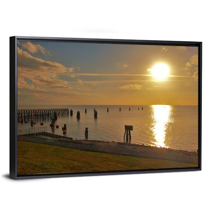 Lake Okeechobee Sunset Pier Wall Art as a framed canvas