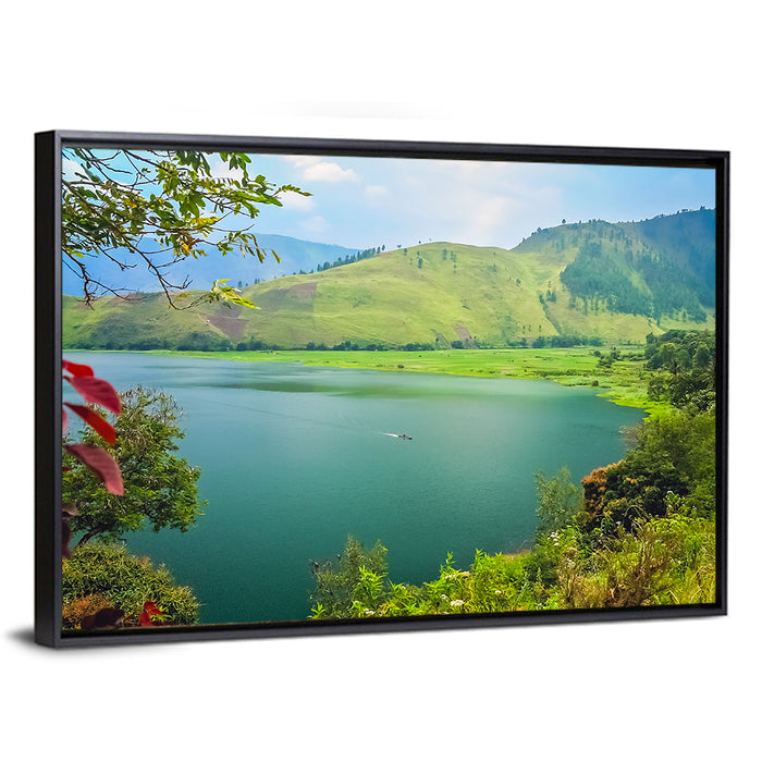 Lake Toba Boat and Hills Wall Art as a framed canvas