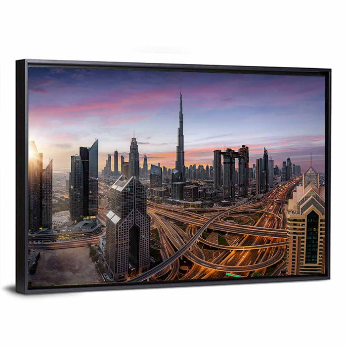 Dubai Skyline at Dusk Wall Art as a framed canvas