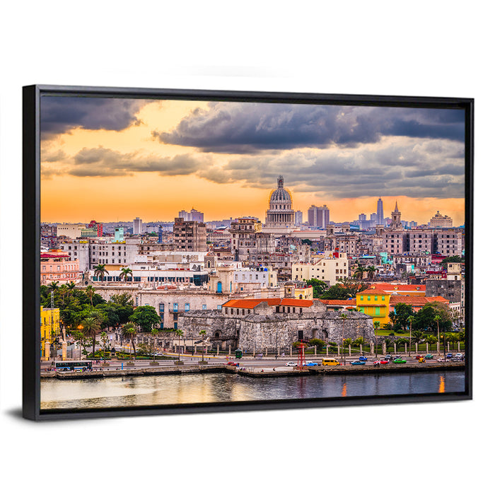 Havana Waterfront at Sunset Wall Art as a framed canvas