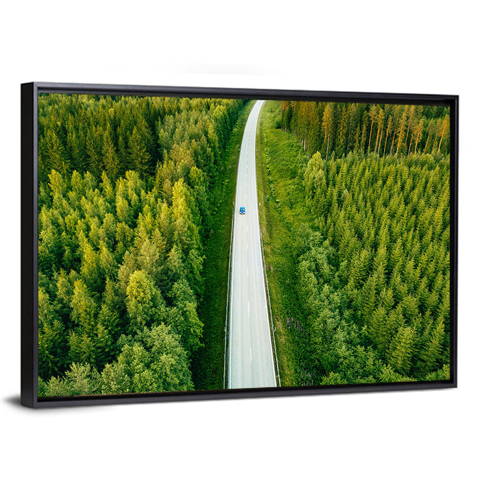 Blue Car on Forest Road Wall Art as a framed canvas