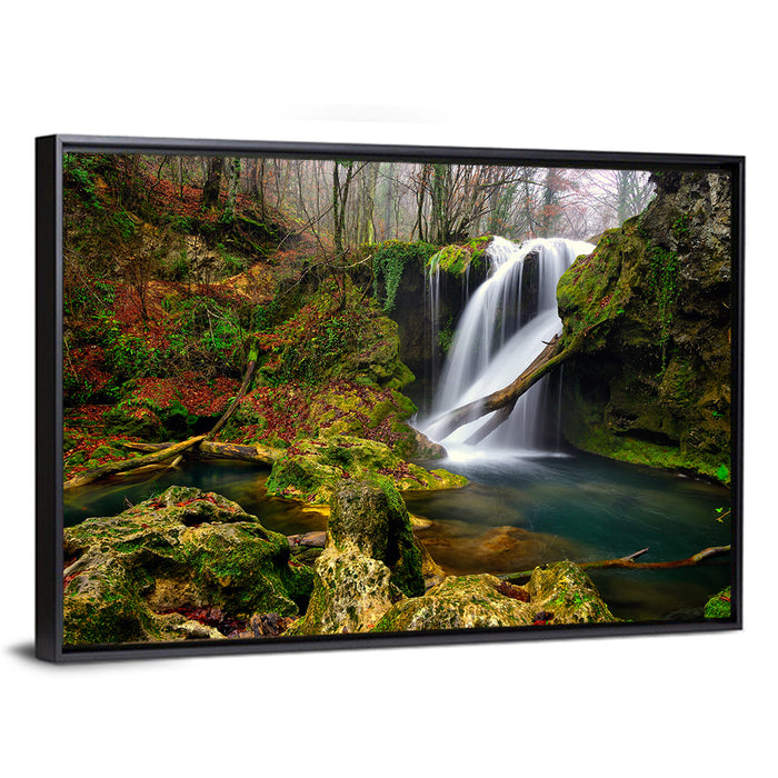 Cheile Nerei Mossy Waterfall Wall Art as a framed canvas