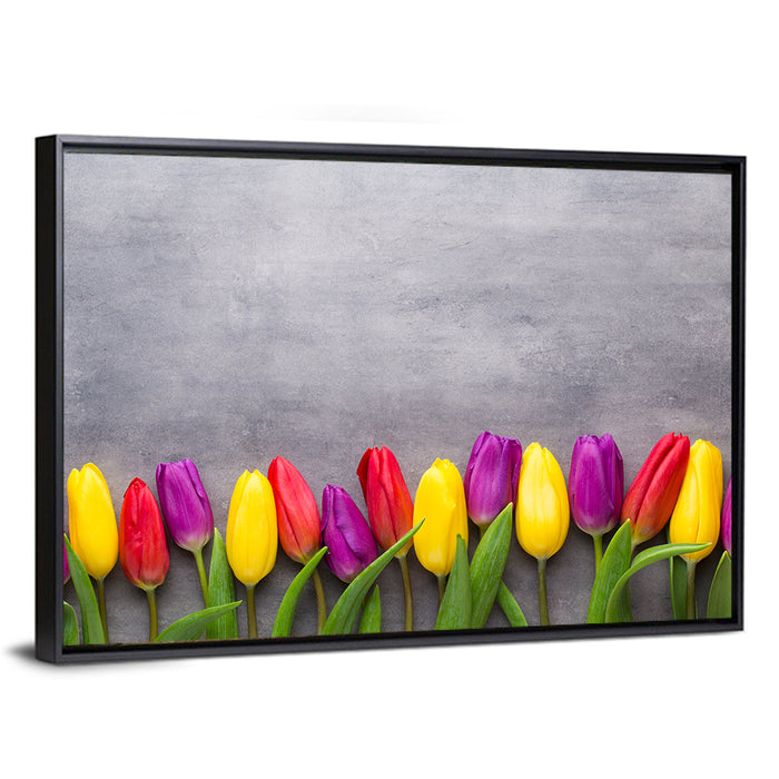 Row of Multicolored Tulips Wall Art as a framed canvas