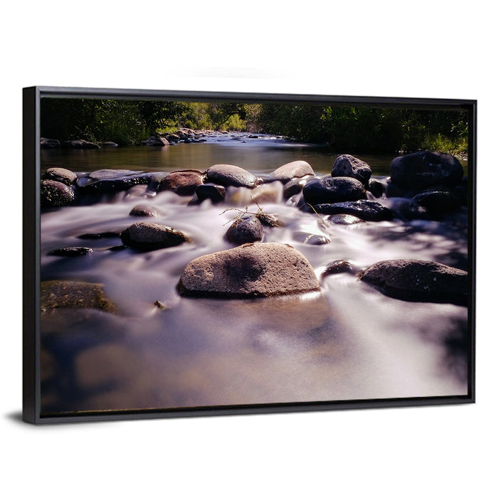 Truckee River Sunlit Rocks Wall Art as a framed canvas