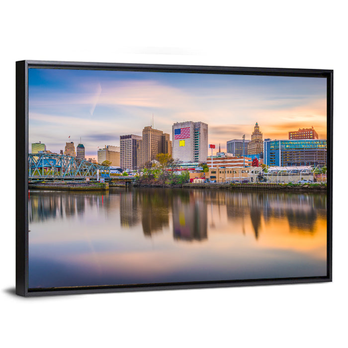 Providence Skyline at Golden Hour Wall Art as a framed canvas