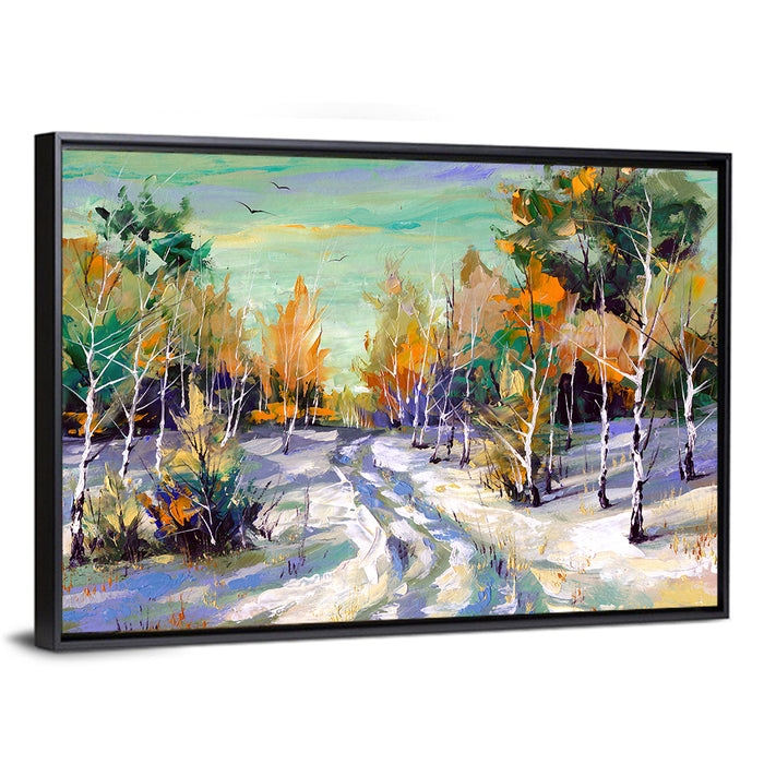 Winter Birch Forest Path Wall Art as a framed canvas