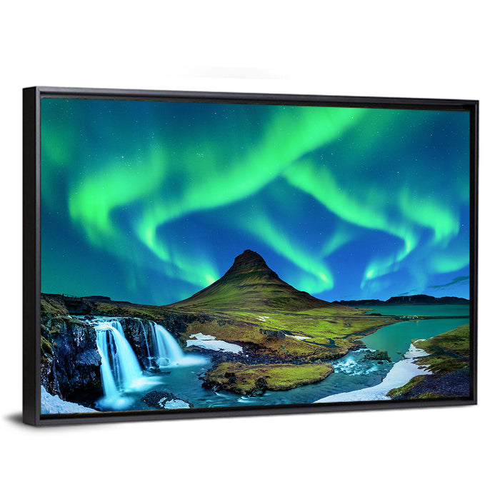 Kirkjufell Northern Lights Wall Art as a framed canvas