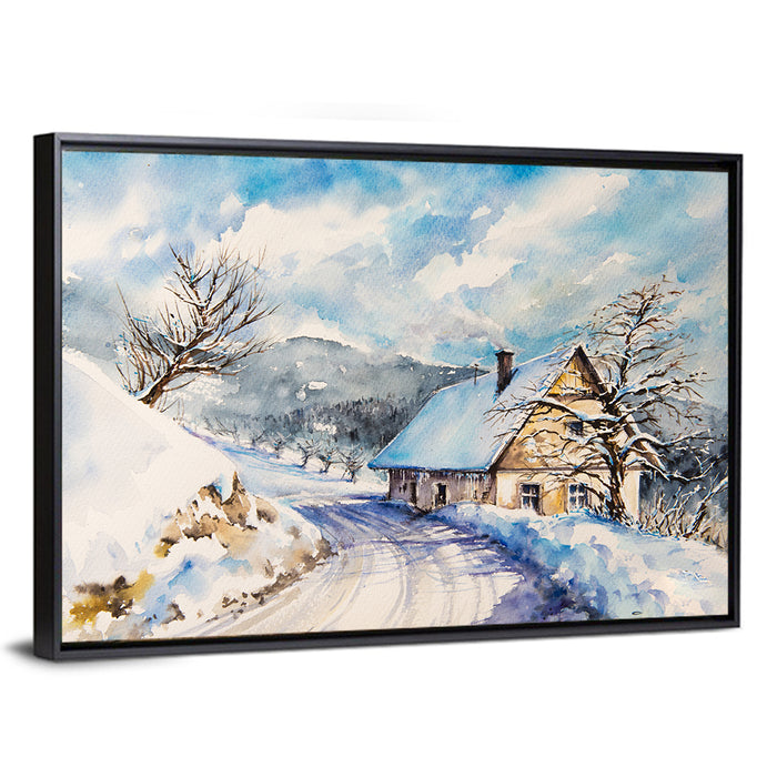 Snowy Mountain Cottage on Curved Path Wall Art as a framed canvas