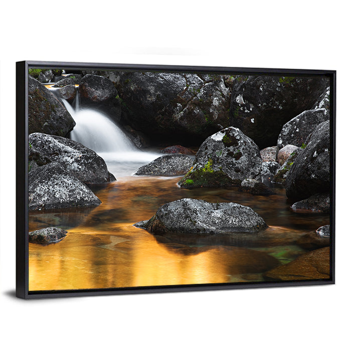 Golden Stream Waterfall Wall Art as a framed canvas