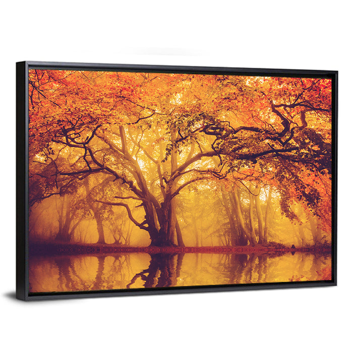 Golden Mist Forest Reflection Wall Art as a framed canvas