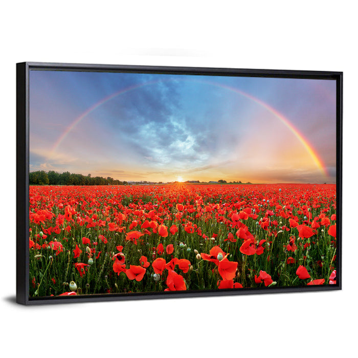 Poppy Field with Double Rainbow Wall Art as a framed canvas