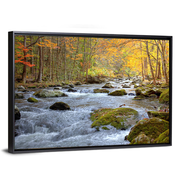 Autumn Mountain Stream Wall Art as a framed canvas