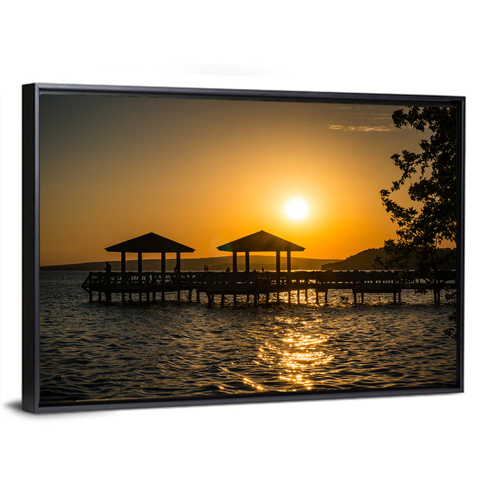 Lake Dardanelle Pier Sunset Wall Art as a framed canvas