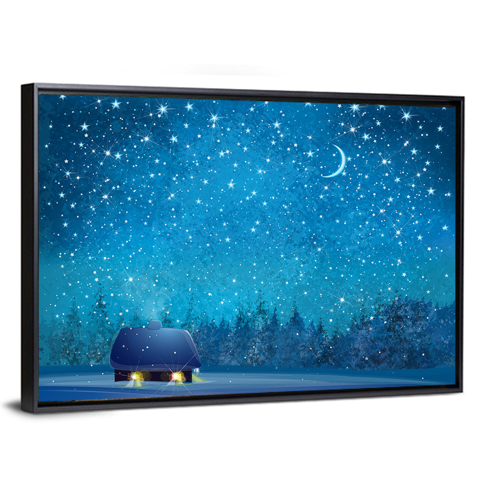 Winter Cottage Under Crescent Moon Wall Art, framed canvas, landscape