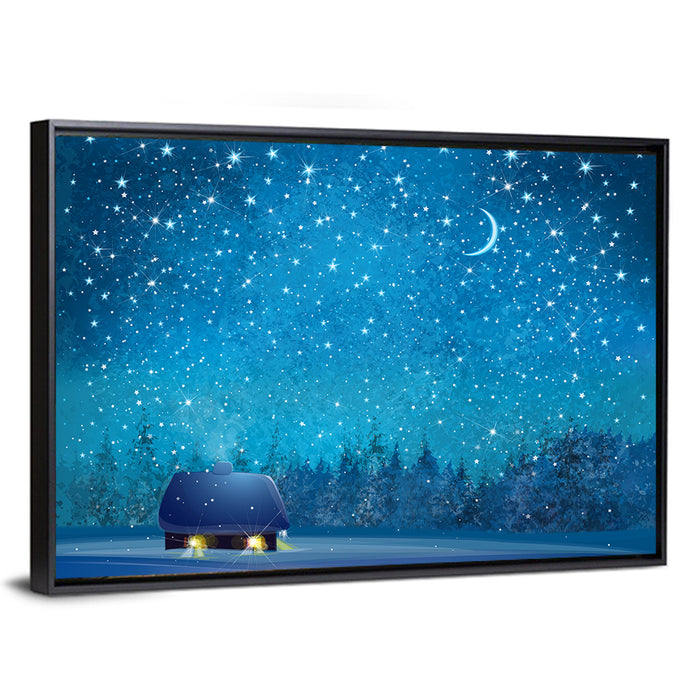 Winter Cottage Under Crescent Moon Wall Art as a framed canvas
