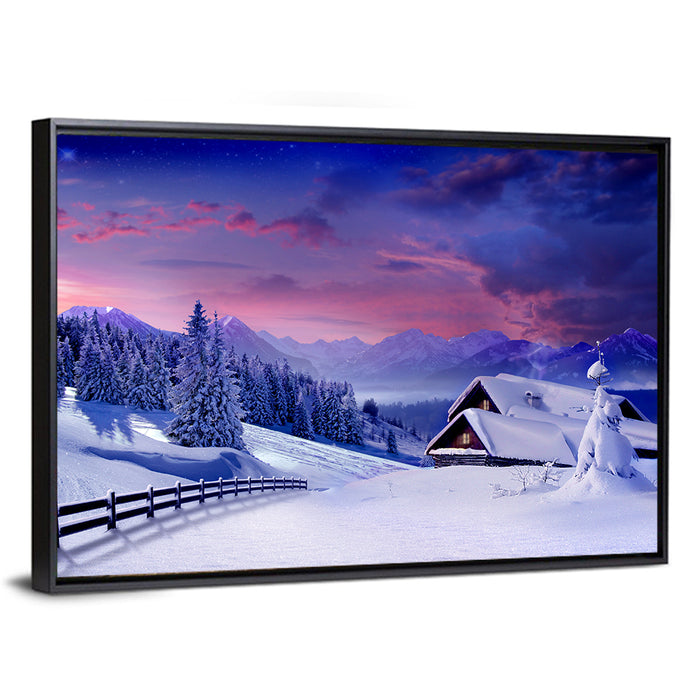 Snowy Mountain Cabin Wall Art as a framed canvas