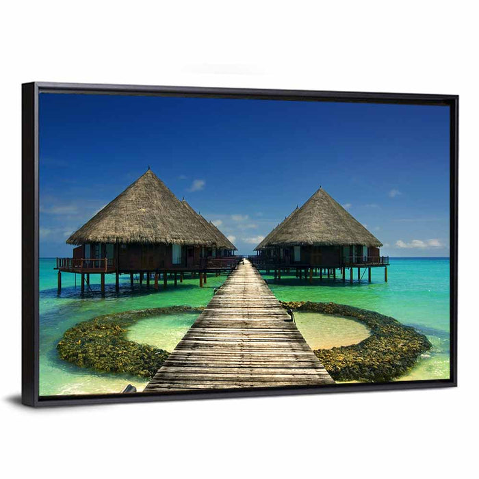 Maldives Overwater Bungalows Wall Art as a framed canvas