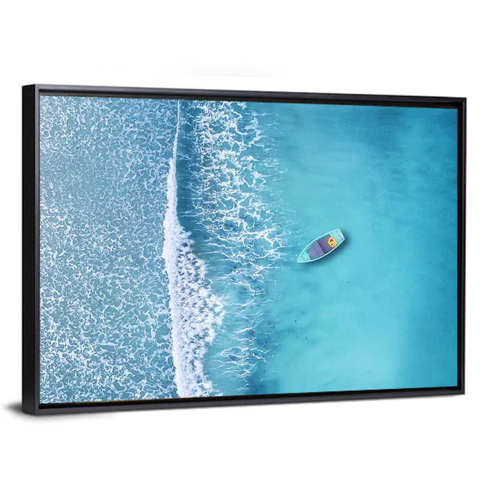 Lone Boat Over Turquoise Waves Wall Art as a framed canvas
