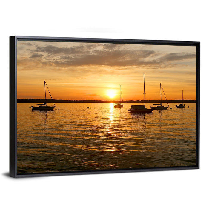 Lake Mendota Golden Sailboats Wall Art as a framed canvas