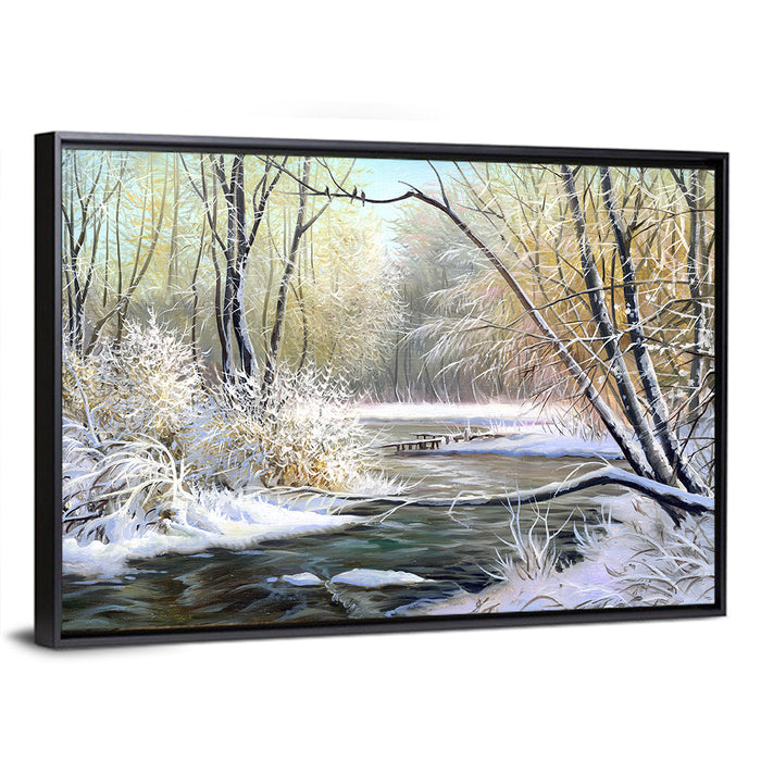 Frozen River with Perched Birds Wall Art as a framed canvas