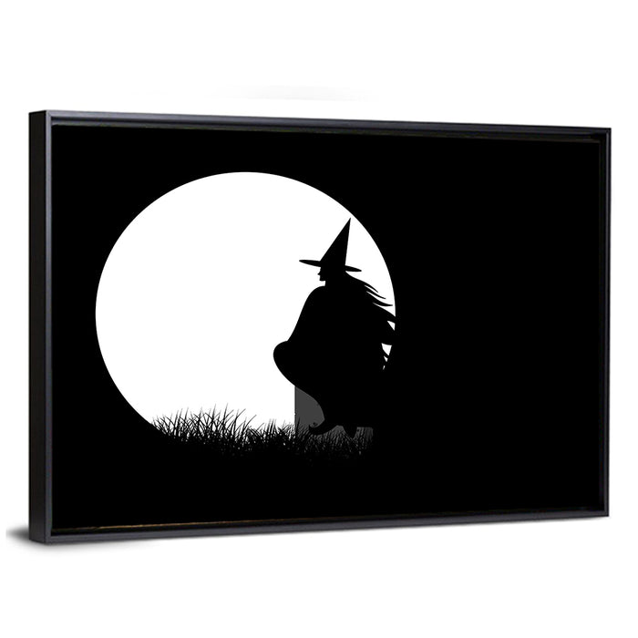Witch and Moon Silhouette Wall Art as a framed canvas