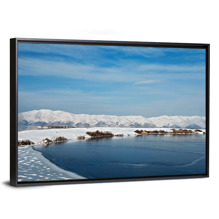 Lake Sevan Winter Landscape Wall Art as a framed canvas