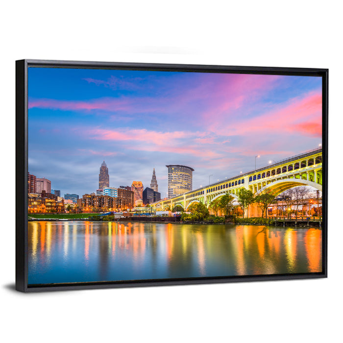 Cleveland Skyline at Dusk Wall Art as a framed canvas