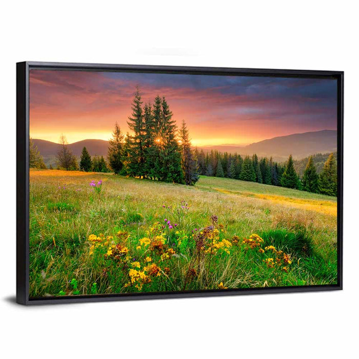 Sunset Meadow with Wildflowers Wall Art as a framed canvas