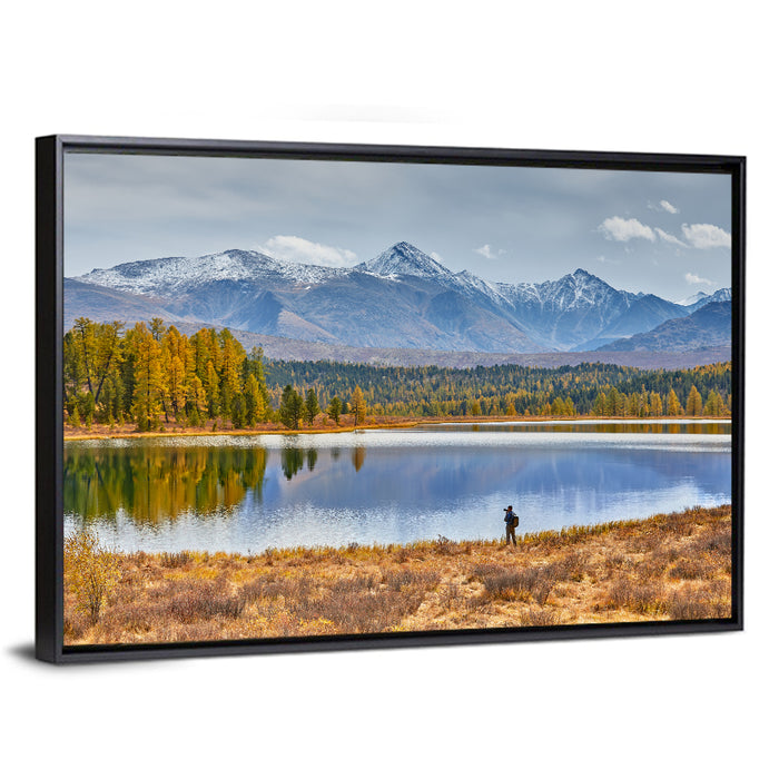 Autumn Mountain Lake Reflection Wall Art as a framed canvas